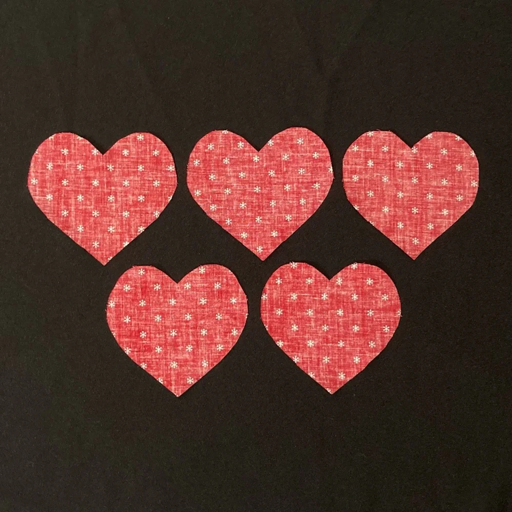 Vintage 1990s Set of 5 Red Heart Shaped Christmas Fabric Scraps 4.5” x 4.5”